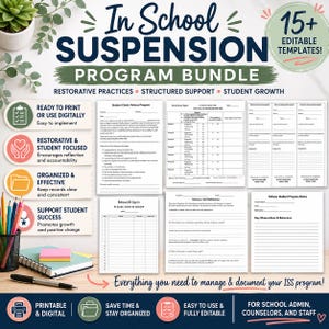Op de afbeelding: Een programmapakket voor In School Suspension met 15+ bewerkbare sjablonen. Het ontwerp bevat de tekst "Restorative Practices, Structured Support, Student Growth". Het pakket is ontworpen voor schooladministratie, counselors en personeel.