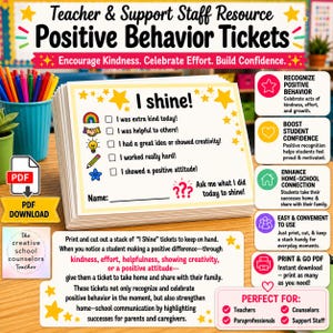 Puede incluir: Una pila de boletos de comportamiento positivo "I Shine" para maestros y personal de apoyo. Los boletos fomentan la amabilidad, el esfuerzo y celebran el comportamiento positivo. Los boletos están diseñados para imprimir y entregar a los estudiantes.