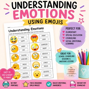 Peut inclure: Une feuille de travail imprimable intitulée "Comprendre les émotions en utilisant des emojis" avec des visages d'emoji et des mots d'émotion. La feuille de travail est conçue pour l'école primaire, l'éducation spécialisée, le conseil et l'apprentissage socio-émotionnel.