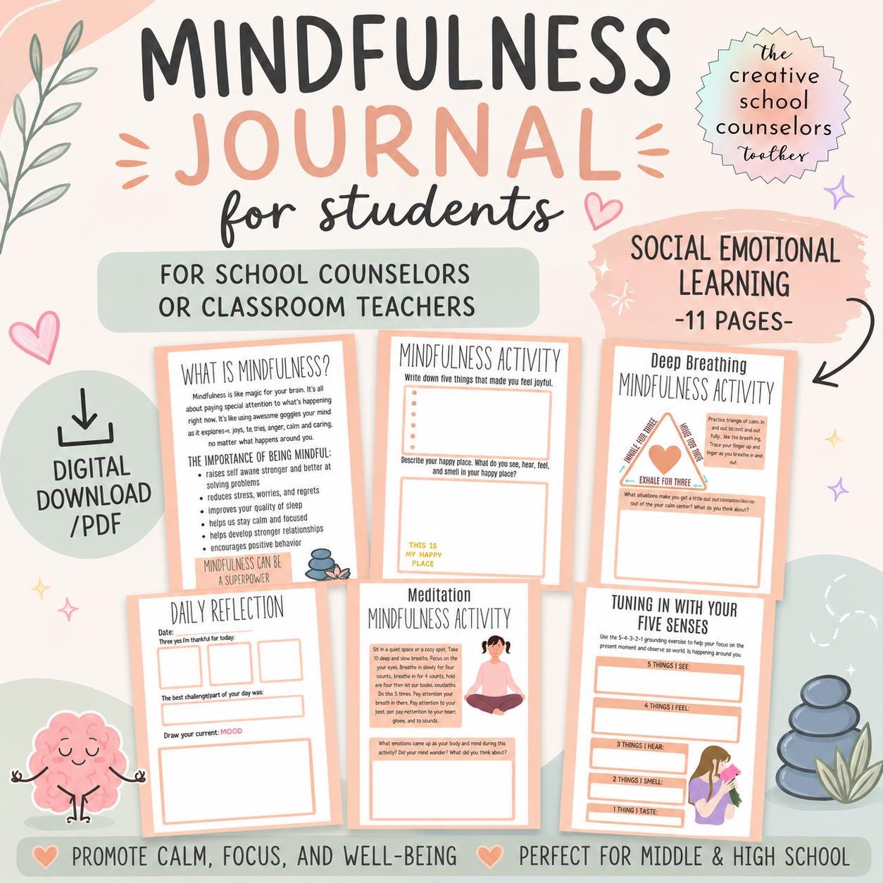 Mindfulness Journal for Students-PDF~School Counseling/Psychology/Middle/High School/SPED