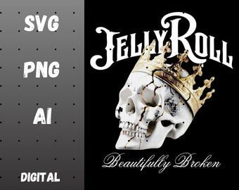 Jelly Roll Skull Graphic | Beautifully Broken Tour 2024 | SVG, PNG, ai Files for DTF Transfer, T-Shirts, Crafts | Instant Digital Download