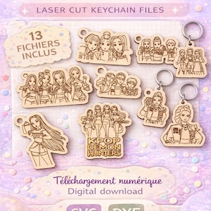 Peut inclure: Fichiers de porte-clés en bois découpés au laser avec des motifs K-pop. L'image comprend le texte "Fichiers Découpe Laser", "13 Fichiers Inclus", et "KPOP DEMON HUNTERS". Téléchargement numérique disponible en formats SVG et DXF.