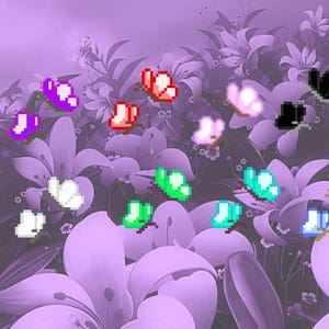May include: A digital art piece featuring pixelated butterflies in various colors, including blue, purple, red, and green, against a backdrop of purple flowers. The butterflies appear to be hovering over the flowers.