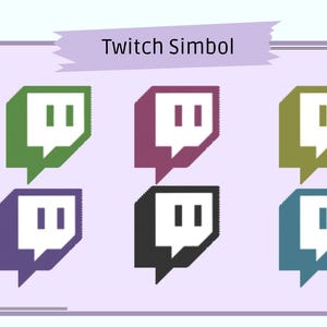 May include: A light purple background features six Twitch symbols in various colors: green, purple, olive, dark purple, black, and teal. The text "Twitch Symbol" is above the symbols.
