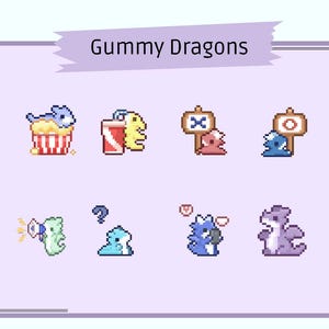 Puede incluir: Una colección de ilustraciones de dragones de goma pixelados en varios colores y poses. La imagen incluye dragones con palomitas de maíz, refrescos, letreros e interrogaciones. El texto "Gummy Dragons" se muestra arriba.