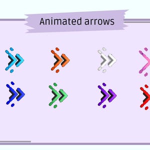 May include: A light purple background features eight animated arrow icons in various colors, including blue, orange, white, pink, green, purple, and red. The text "Animated arrows" is above the arrows, and the number "10" is in a circle in the upper left corner.
