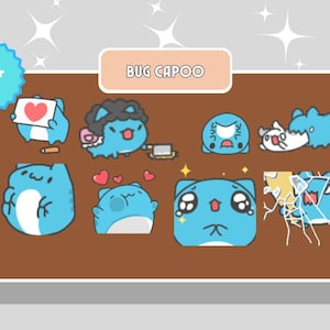 Könnte beinhalten: Eine Sammlung blauer Cartoon-Katzen-Aufkleber mit verschiedenen Ausdrücken und Aktionen, darunter ein Herz halten, eine Perücke tragen und traurig aussehen. Der Text "BUG CAPOO" wird über den Aufklebern angezeigt, und ein "30+"-Abzeichen befindet sich in der oberen linken Ecke.