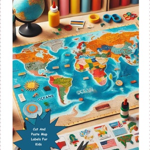 Actividad de geografía imprimible para niños: etiquetas de mapas para cortar y pegar, recurso educativo para la educación en el hogar, manualidad de aprendizaje de mapas del mundo