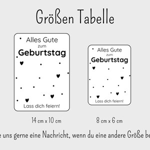 May include: Two black and white printable cards with the text "Alles Gute zum Geburtstag" and "Lass dich feiern!" in German. The cards are shown in two sizes: 14 cm by 10 cm and 8 cm by 6 cm.