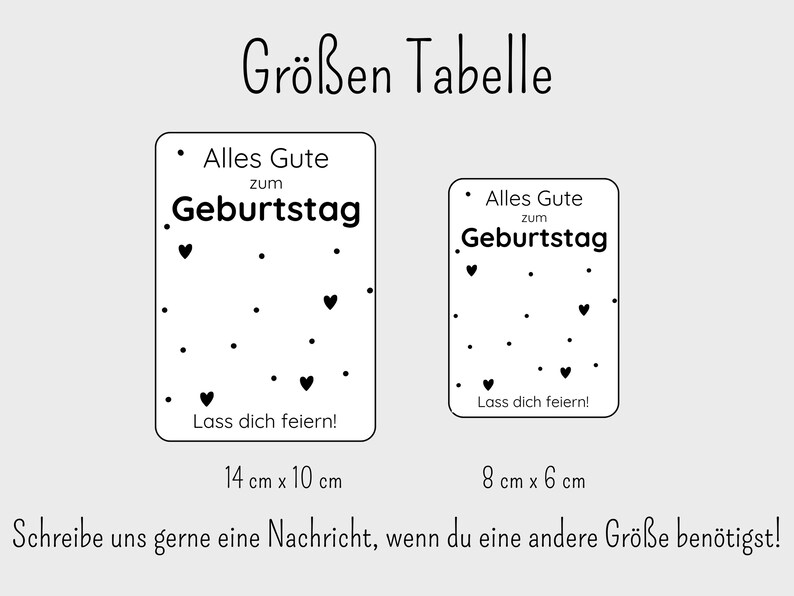 May include: Two black and white printable cards with the text "Alles Gute zum Geburtstag" and "Lass dich feiern!" in German. The cards are shown in two sizes: 14 cm by 10 cm and 8 cm by 6 cm.