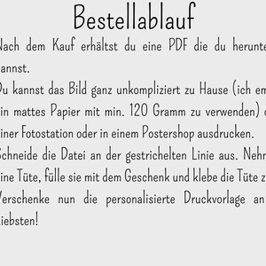 May include: A black and white text-based image with instructions on how to order and use a printable gift. The text reads "Bestellablauf" and includes numbered steps for ordering, printing, and assembling the gift.