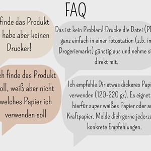 May include: FAQ section with two speech bubbles. The first bubble says "I find the product great, but I don't have a printer!" The second bubble says "I find the product great, but I don't know what paper to use".