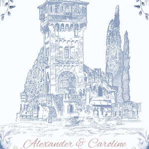 May include: A wedding invitation with a blue and white illustration of a castle, surrounded by watercolor flowers in shades of pink and blue. The text reads "Alexander & Caroline" with the date "26 | 01 | 2024" and the address "123 ANYWHERE ST, ANY CITY, ST 12345".