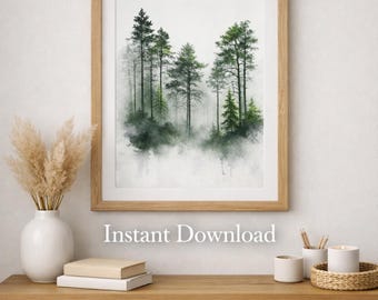 Aquarel bos kunst aan de muur, Scandinavische landschapsprint, poster mistig groen natuur, minimalistisch rustig decor, afdrukbare digitale download