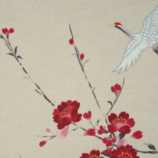 Crane Sakura Cherry Blossom Fabric Cotton Beige Japanese Kimono Pattern Half Yard