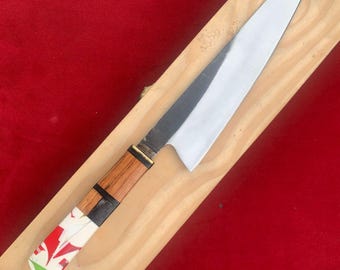 Aangepast handgemaakt Japans keukenmes, koksmes met houten kist jubileumcadeau, cadeau chef-kok, verjaardagscadeau uniek handvat, lengte 14 inch