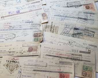 TWO Large Vintage French Receipt With Stamps