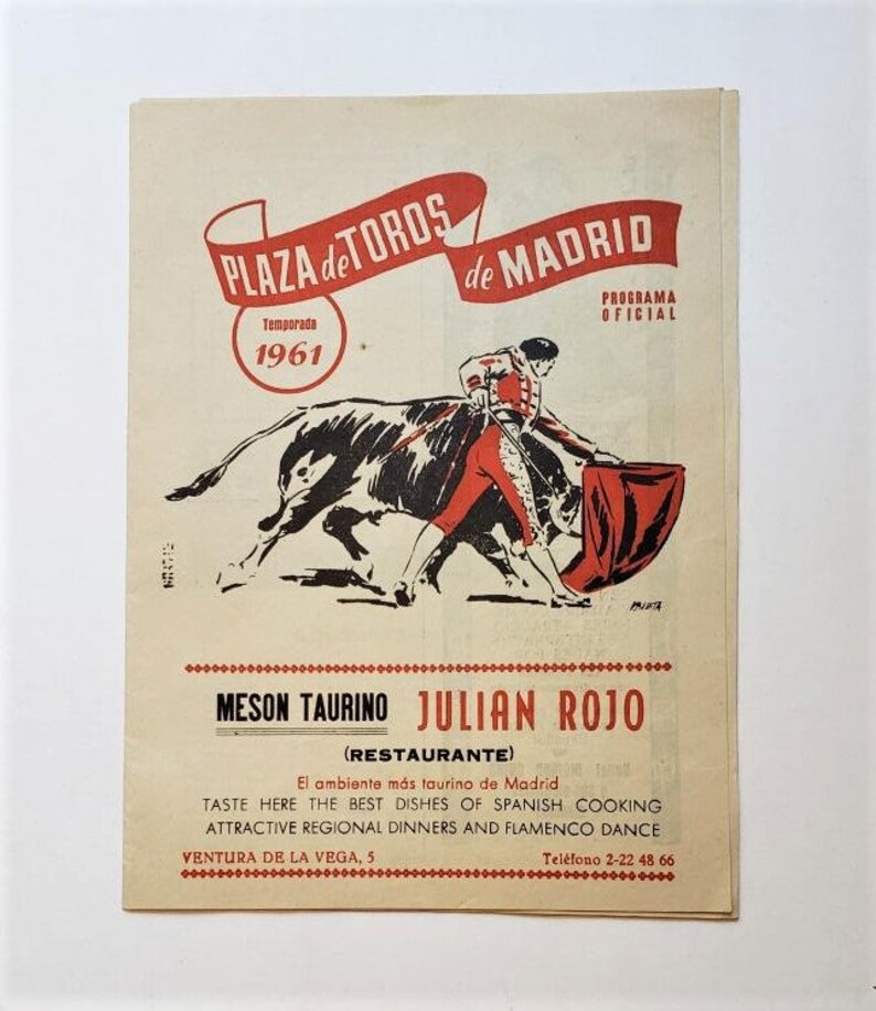 1961 Bull Fight Program Etsy