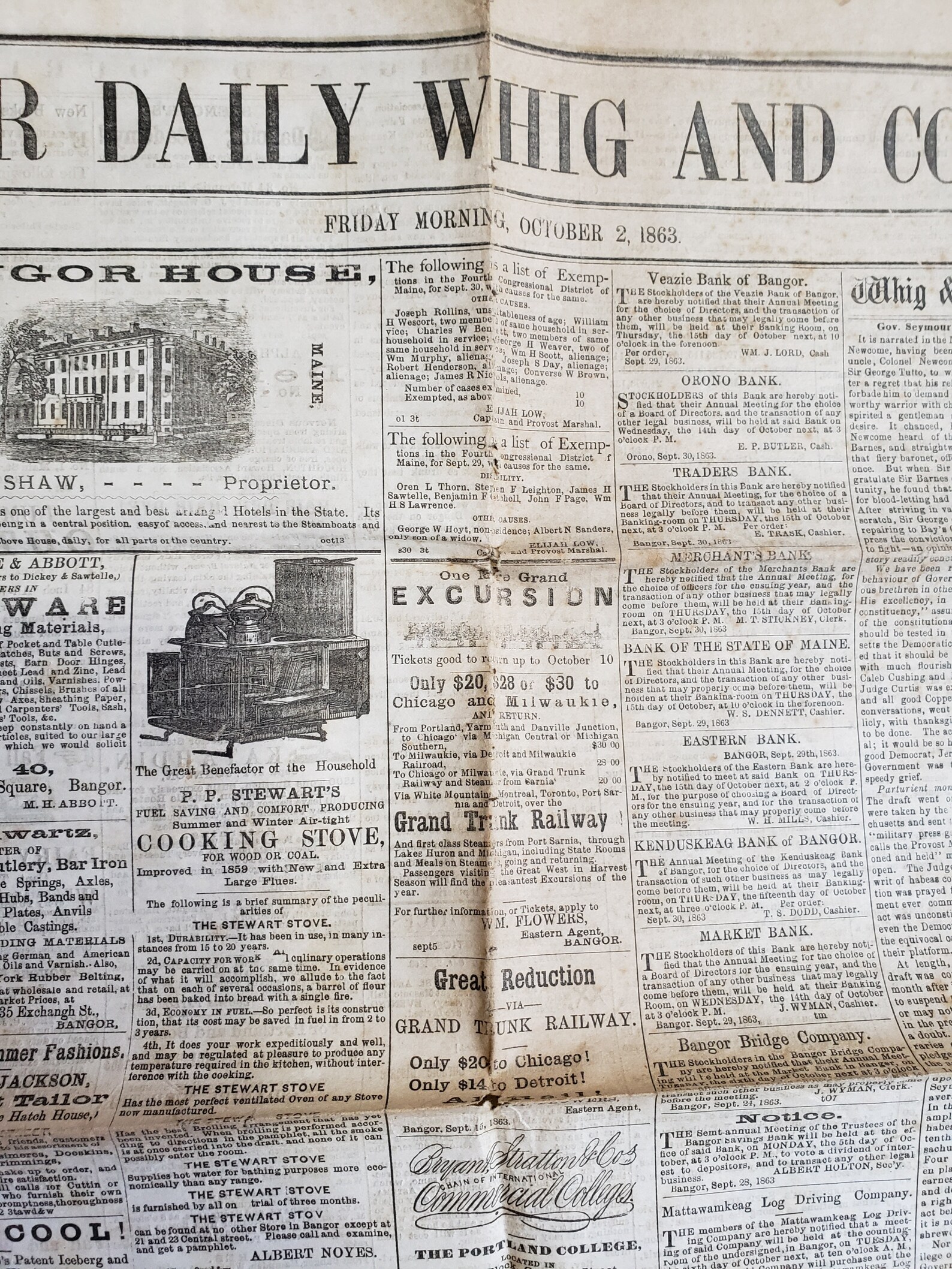 1861 Antique Newspaper Bangor Daily Whig And Courier Etsy