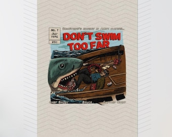 Jaws Inspired Comic Book Style Matte Art Poster, Retro Shark Attack Wall Art, Amity Island 70s Movie Horror Print, 50th Anniversary Decor