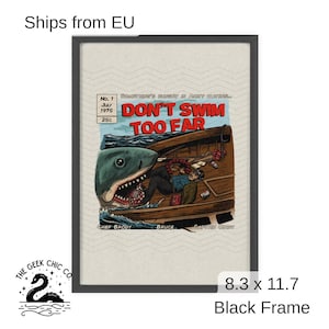 Ships from EU | Framed Jaws Inspired Comic Book Cover Print - Retro Shark Poster, Amity Island Horror Wall Decor, 70s Movie Poster, Jaws 50