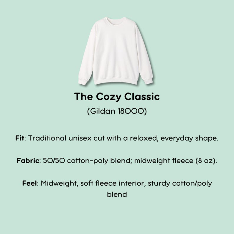 May include: A white crewneck sweatshirt, labeled "The Cozy Classic" by Gildan. The image highlights the sweatshirt's traditional unisex cut, relaxed shape, and midweight fleece fabric, perfect for everyday wear.