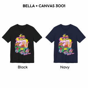 May include: Two short-sleeve crew neck t-shirts, one black and one navy, featuring a graphic print of Jem and the Holograms with the text BELLA + CANVAS 3001, 1985, and Truly Outrageous World Tour. The design includes a pink-haired character.