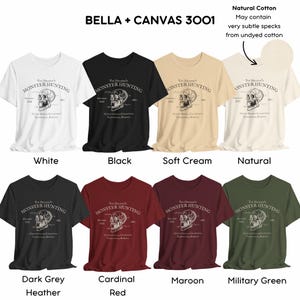 May include: A collection of t-shirts in various colors, including white, black, and green. Each shirt features a graphic with a skull and the text "Van Helsing's Monster Hunting". The shirts are made of natural cotton.