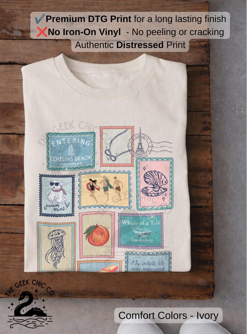 Sommaren jag blev vacker Vintage Stamp T-shirt: Kusiners strandtröja bild 3