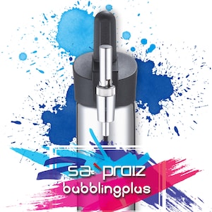 May include: A silver and black beverage carbonator with a chrome tap. The carbonator has a black top and a silver body. The background features blue and pink paint splatters. The text "sa-praiz bubblingplus" is displayed.