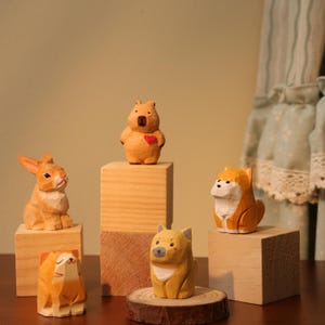 Handmade Wooden Animal Figurine, Bookshelf Decor, Animal Lover Gift, Artisan Animal Decor, Shiba Inu, Cat, Rabbit, Bear