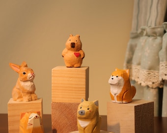 Handgefertigte Holztierfigur, Bücherregaldekor, Tierliebhabergeschenk, Handwerkertierdekor, Shiba Inu, Katze, Kaninchen, Bär