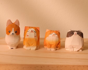 手作りの木製猫、ユニークな猫のオーナメント、手作りの木製アート、母の日ギフト、手彫りの置物、環境に優しい装飾、コーギー、猫