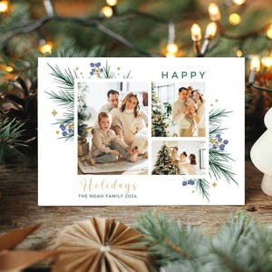 Foto-Weihnachtskartenvorlage mit Grün, personalisierte Grußkarte, 3 Foto-Weihnachtskarte, Multi-Foto-Weihnachtskarte