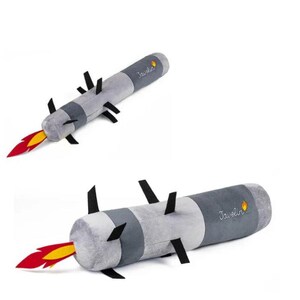 May include: A gray and black plush toy shaped like a Javelin missile with a red and yellow flame at the back. The toy has the word "Javelin" embroidered on the side.