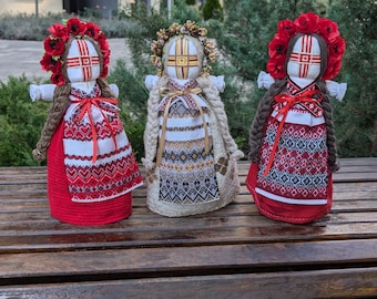Handmade Ukrainian Motanka Doll, Authentic Slavic Design on Wooden Base
