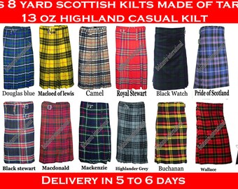 Men's 8 yard Scottish kilts made of Tartan 13 oz Highland causal kilt delivery in 5 to 6 days by DHL