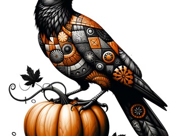 Gothic Crow PNG: Halloween Patchwork Pumpkin Clipart (Digital Download)
