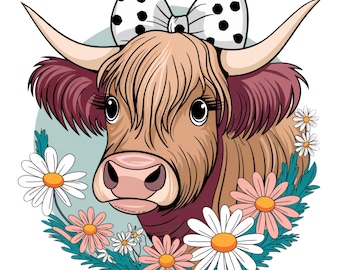 May include: A cartoon illustration of a Highland cow with a white bow with black polka dots. The cow is surrounded by daisies and other flowers. The cow has long eyelashes and a pink nose.