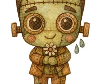 May include: A watercolor illustration of a friendly Frankenstein's monster holding a daisy. The monster is green with stitched patches, brown hair, and rosy cheeks. It stands on a small, round, green base with two teardrops.
