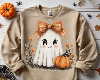 Autumn Ghost PNG: Coquette Bow, Pumpkin, Floral Clipart (Digital Download)