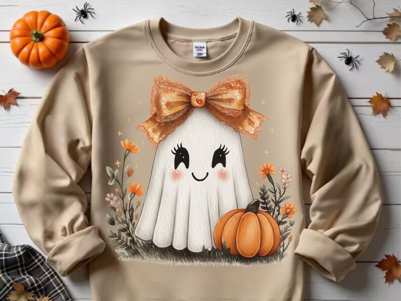 May include: Beige sweatshirt featuring a cute ghost with a bow, surrounded by flowers and a pumpkin. The ghost has a smiling face and is wearing a large orange bow. The design is perfect for Halloween.