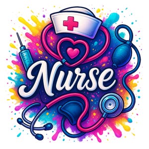 Colorful Nurse PNG: Neon Medical Sublimation Design (Digital Download