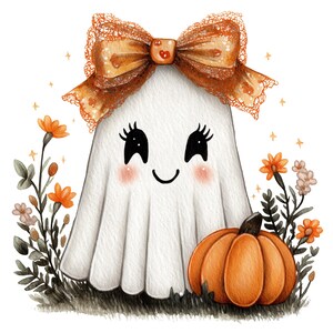 Adorable Autumn ghost PNG featuring a cute bow, pumpkin, and fall florals. Perfect for sublimation, t-shirts, mugs, stickers, and seasonal crafts.