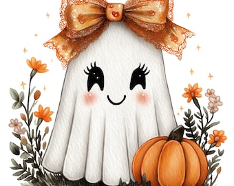 Coquette Ghost PNG: Autumn Pumpkin, Floral Bow (Digital Download)