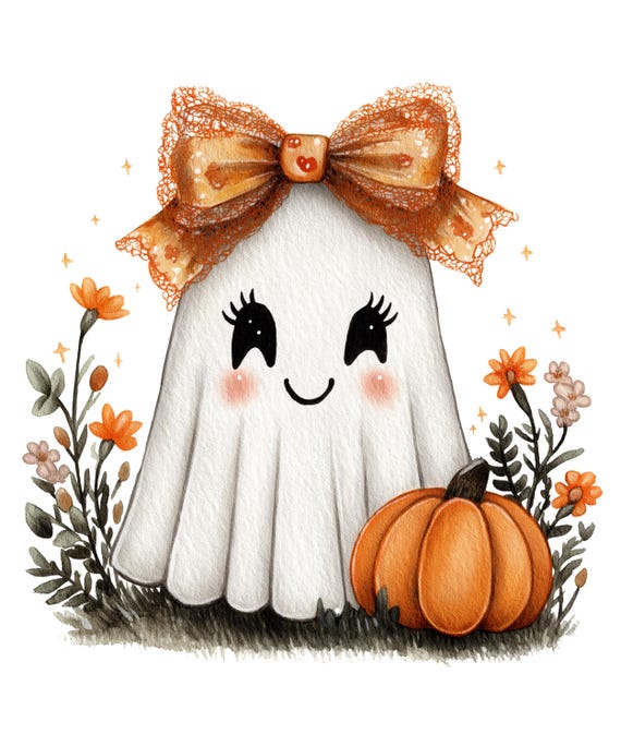 Coquette Ghost PNG: Autumn Pumpkin, Floral Bow (Digital Download)