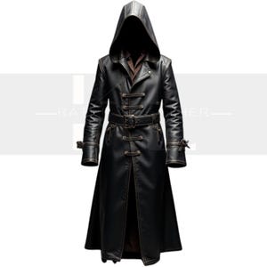Men&#39;s Gothic Steampunk Hooded Leather Trench Coat: Buckle Straps, Cosplay Fashion