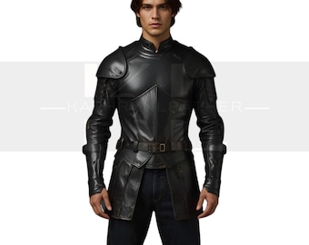 Middeleeuws zwart leren harnasjack – Gothic Warrior-cosplayjas