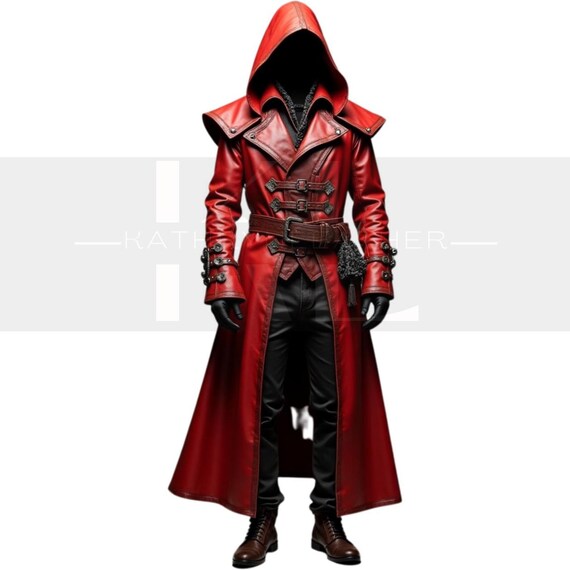 Red Hooded Leather Trench Coat: Buckle Closure, Cosplay Fashion
