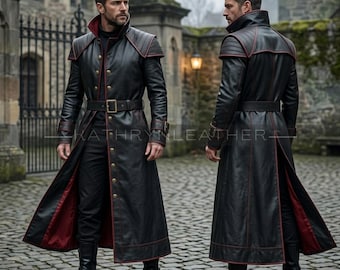Black Leather Military Coat | Gothic Vampire Style Trench for Men-Mens Gothic Leather Trench Coat | Medieval Warrior Long Coat-